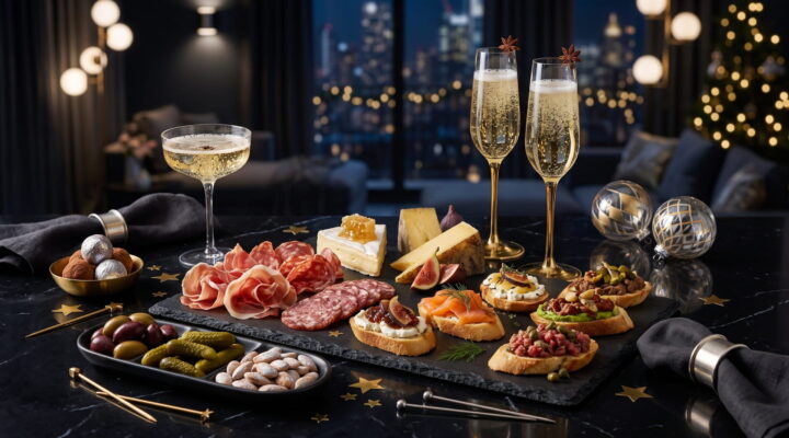 New Year's Eve appetizer spread with champagne flutes and elegant party food