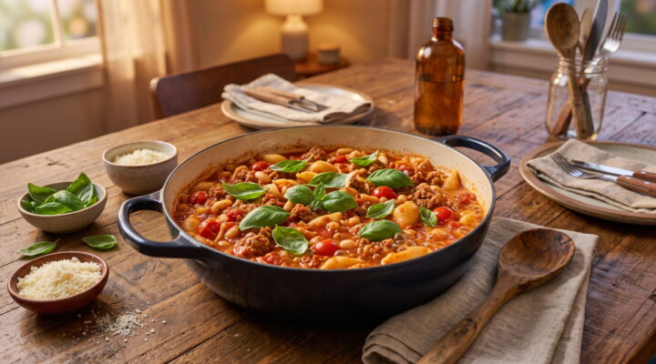 One-pot pasta and sausage dinner simmering in a Dutch oven