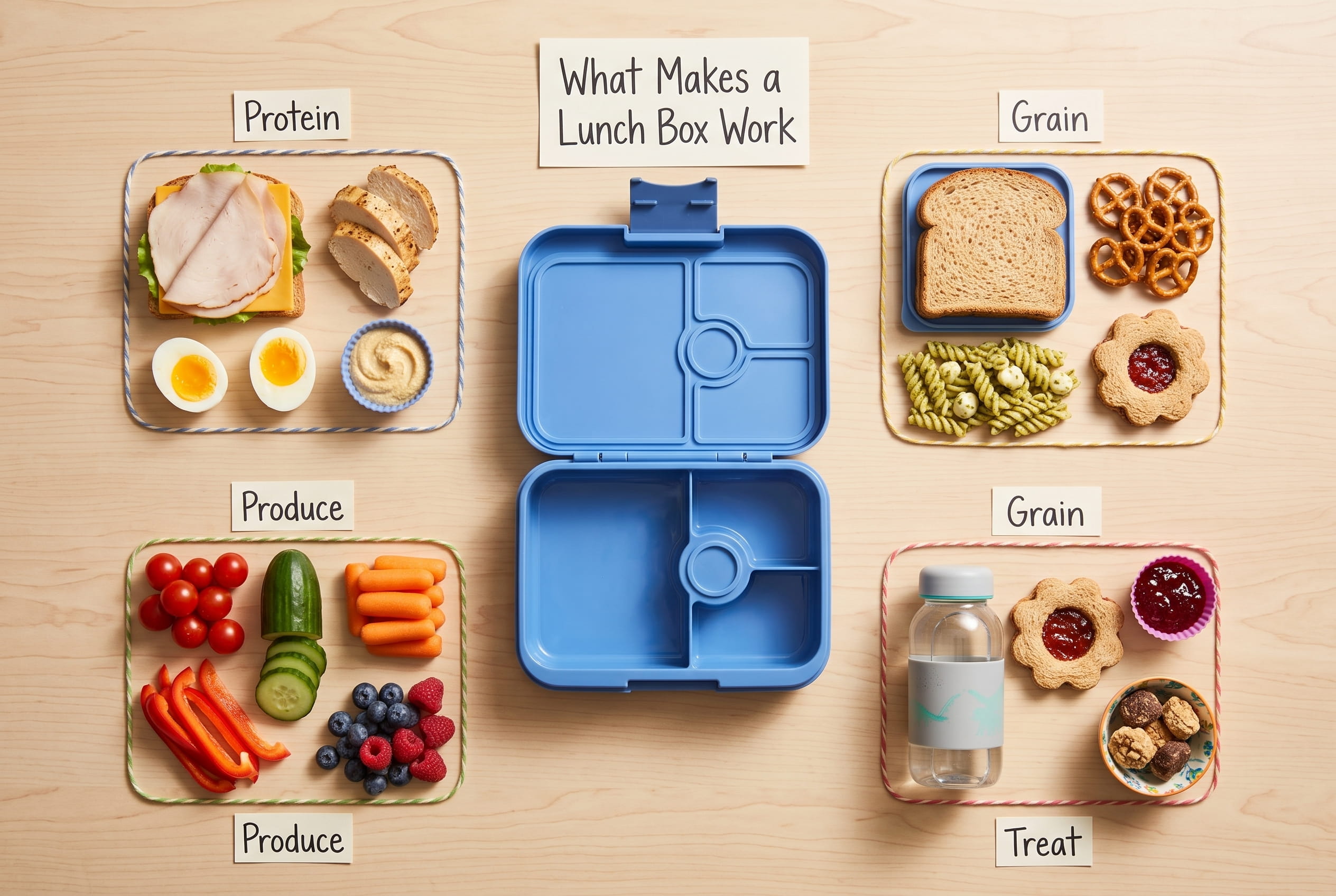 Flat lay of school lunch components grouped by category: sliced turkey and cheese, whole grain crackers, grapes and carrot sticks, and a cookie