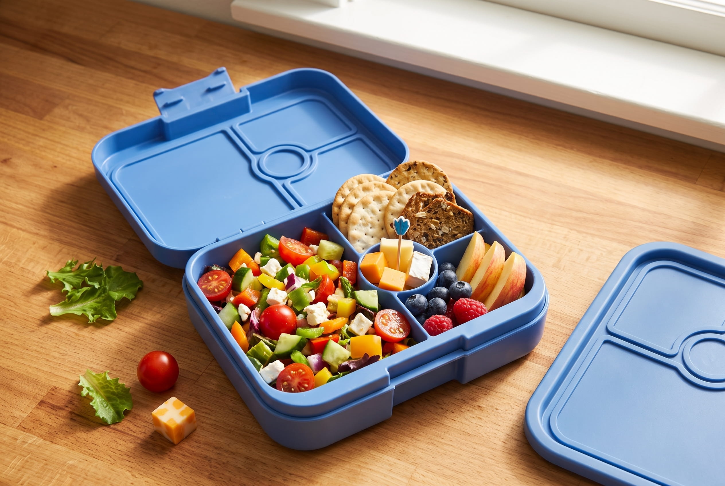 Open lunch box packed without bread, containing pasta salad, cheese cubes, crackers, cherry tomatoes and sliced strawberries