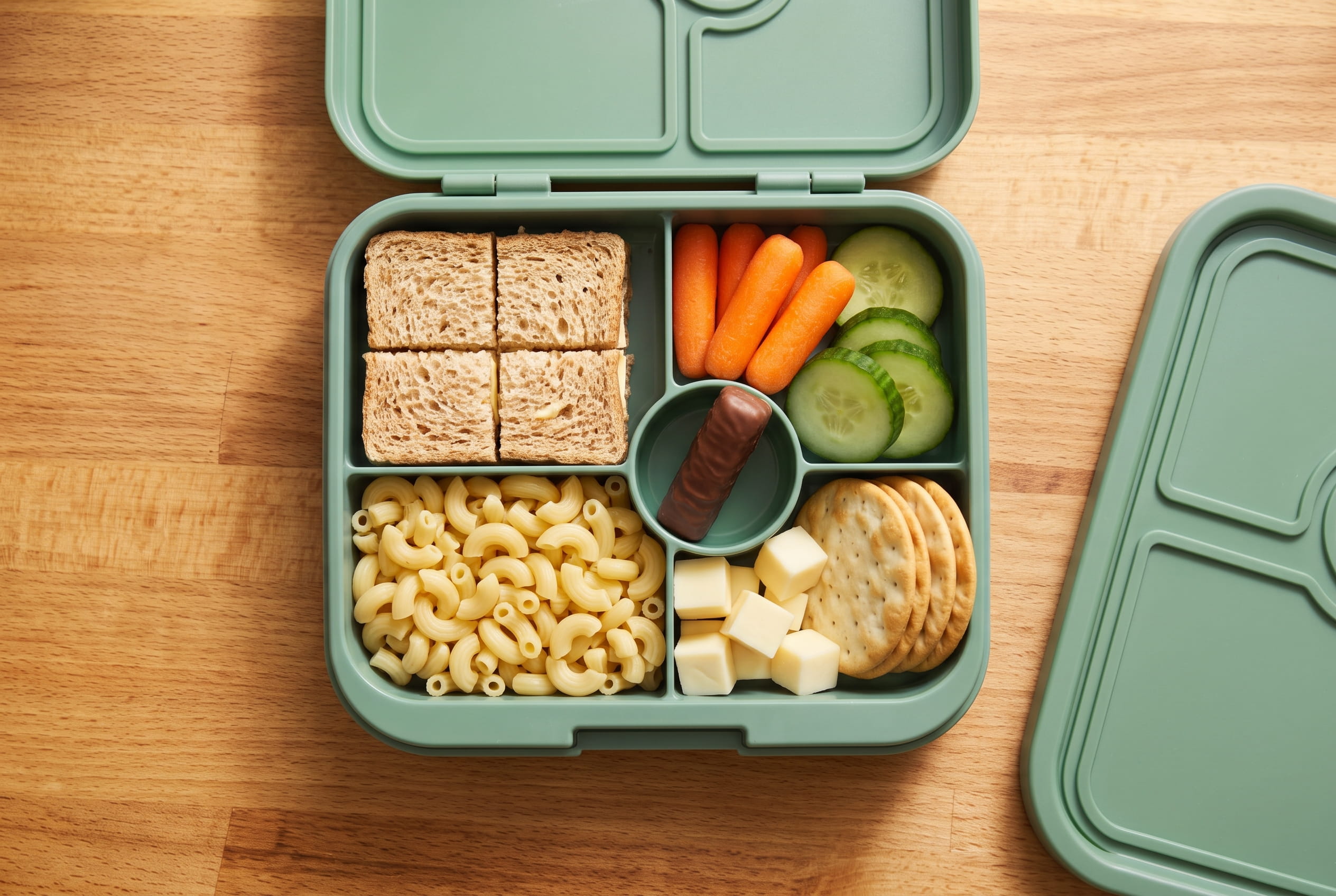 Divided bento box with each food kept separate: turkey slices, cheese, crackers, apple slices and cucumber rounds