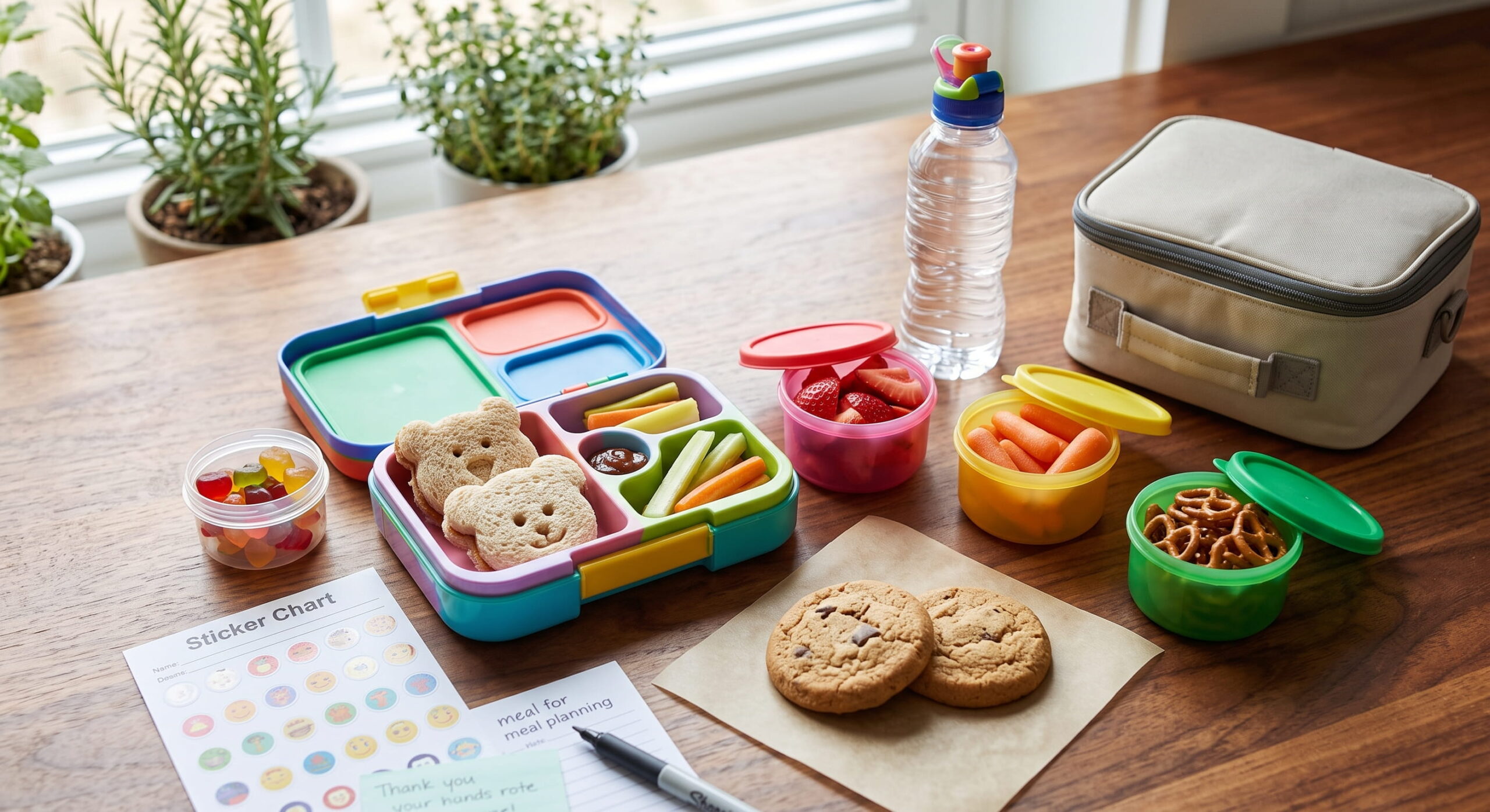 Small lunch containers holding grapes, pretzels and vegetable sticks arranged beside a single cookie