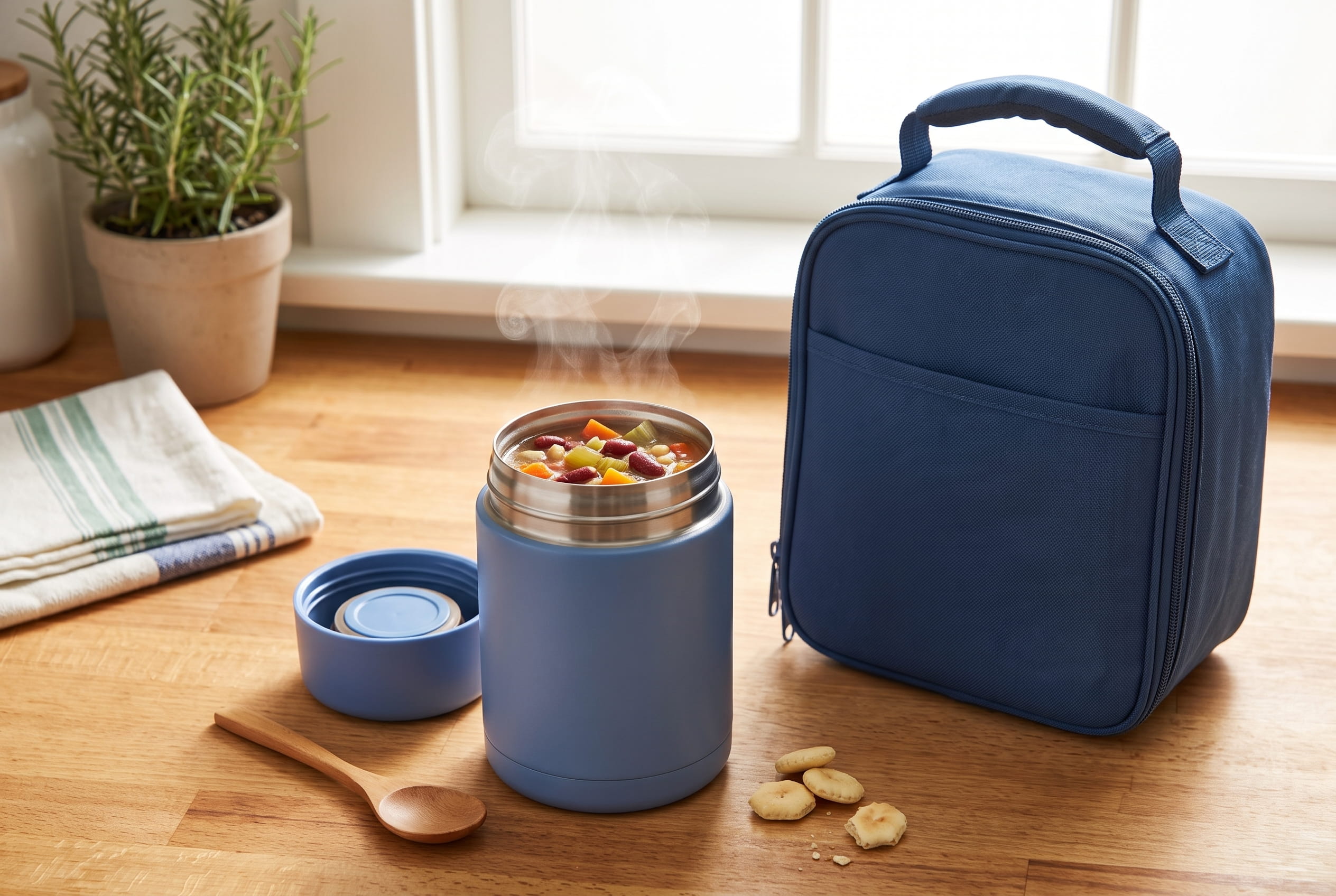 Open thermos of soup steaming gently beside a closed insulated lunch bag on a countertop