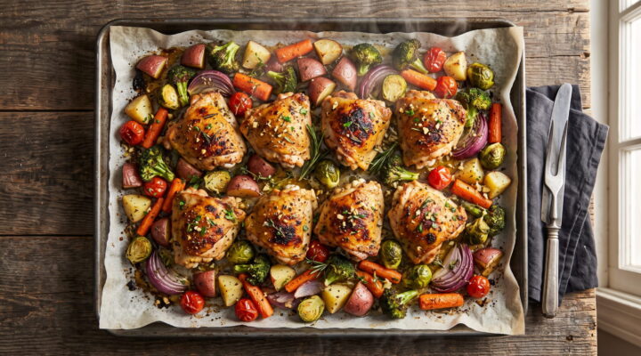 Sheet-pan chicken and roasted vegetables fresh from the oven on parchment paper