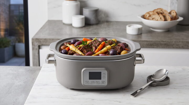 Slow cooker braised beef and root vegetables in a rich sauce