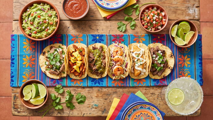 Taco night spread with street tacos, guacamole, salsa and margaritas on an outdoor table