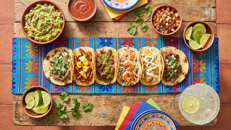 Taco night spread with street tacos, guacamole, salsa and margaritas on an outdoor table