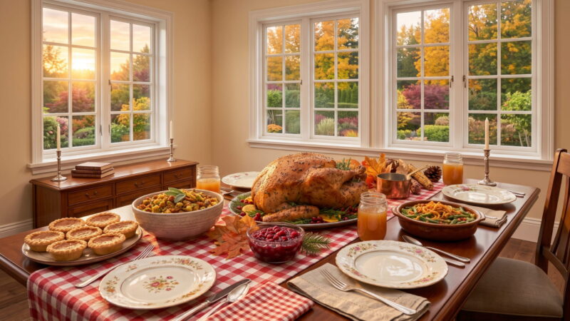 Thanksgiving feast with roast turkey, stuffing, cranberry sauce and pumpkin pie