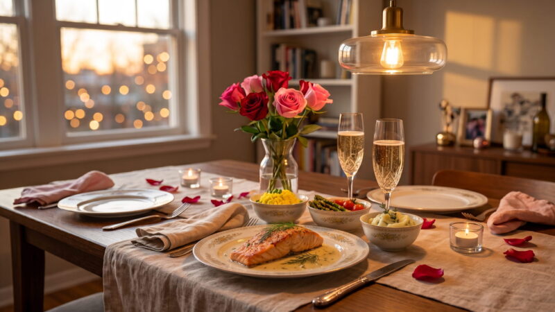 Romantic Valentine's Day dinner for two at home with salmon, champagne and candles
