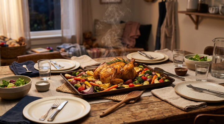 Quick weeknight dinner with roasted chicken and vegetables on a family dining table